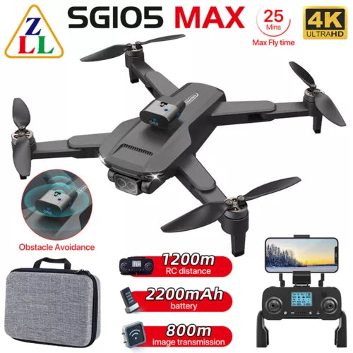Gray quadcopter drone with four propellers and front camera, RC controller display