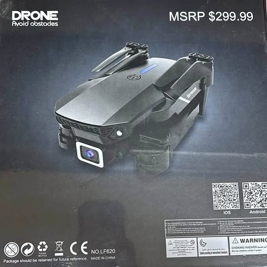 Black foldable drone with front camera, no accessories visible