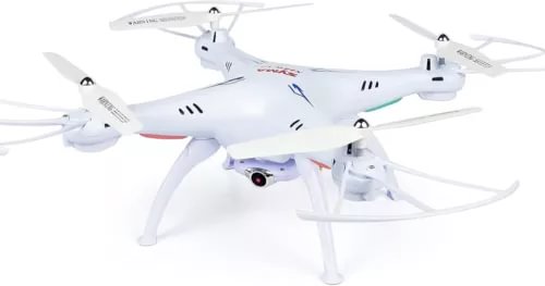 White quadcopter drone with camera, four rotors and landing legs