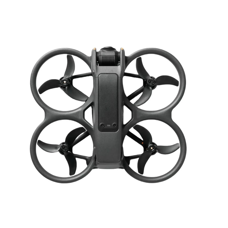 Compact quadcopter drone with four foldable propellers, dark gray body