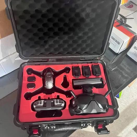 Hard-shell drone case with foam inserts and FPV drone accessories