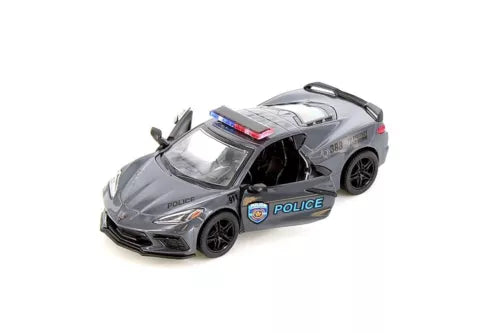 Gray police diecast toy car with black wheels and hood decal