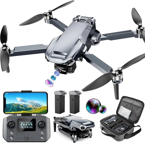 RC quadcopter drone with 4K camera, foldable propellers, transmitter and carrying case