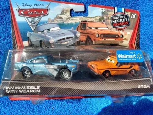 Cars diecast blister pack with blue Finn McMissile and orange Gremlin vehicles