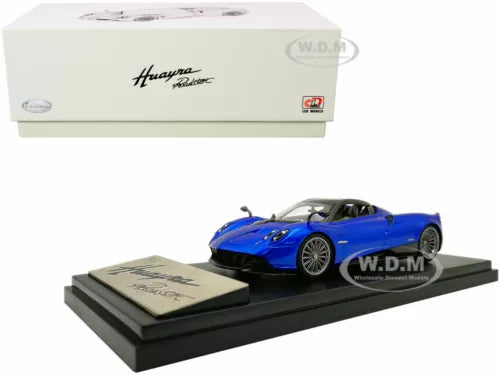 PAGANI Huayra roadster diecast model car, blue, on display base