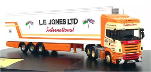 Orange Scania truck and trailer model with L.E. Jones Ltd International logo