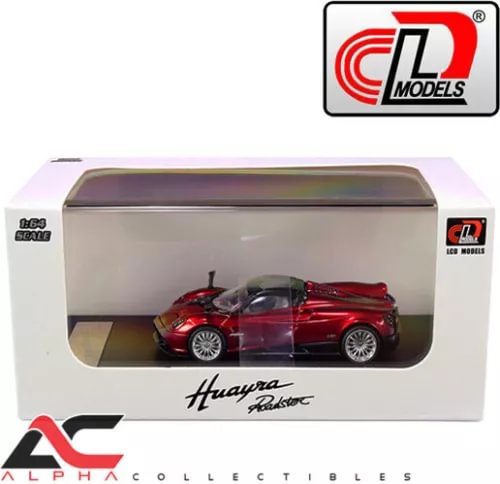 Red Pagani Huayra Roadster die-cast model car in display box with window