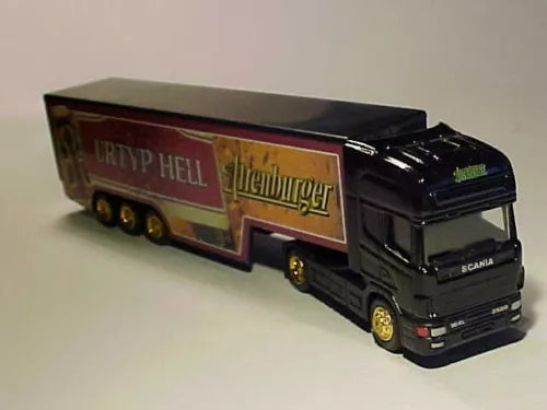 Diecast model box truck, black cab with colorful side graphics and three axles
