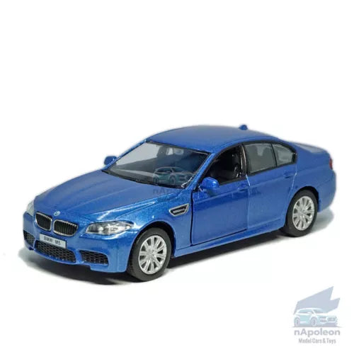 Blue 1:36 diecast BMW M5 model car with alloy wheels, front three-quarter view