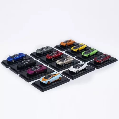 Diecast alloy vehicle model cars in multiple colors on black display stands
