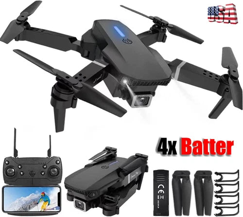 Foldable black quadcopter drone kit with remote controller, screen, and four batteries