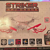 STRIKER Spy Drone: white quadcopter with red prop guards and camera
