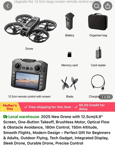 Foldable quadcopter drone with 12.5-inch remote controller and battery accessories