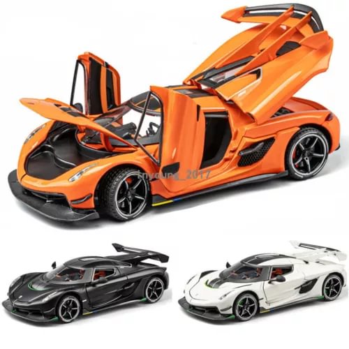 1:24 diecast model car, orange with black details, plus dark and white variants