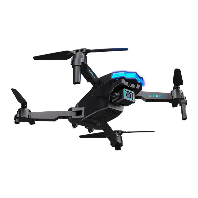 Black quadcopter RC drone with blue LED lights and dual front cameras