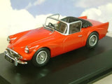 1/43 diecast model car, red sports car with hood down, front three-quarter view