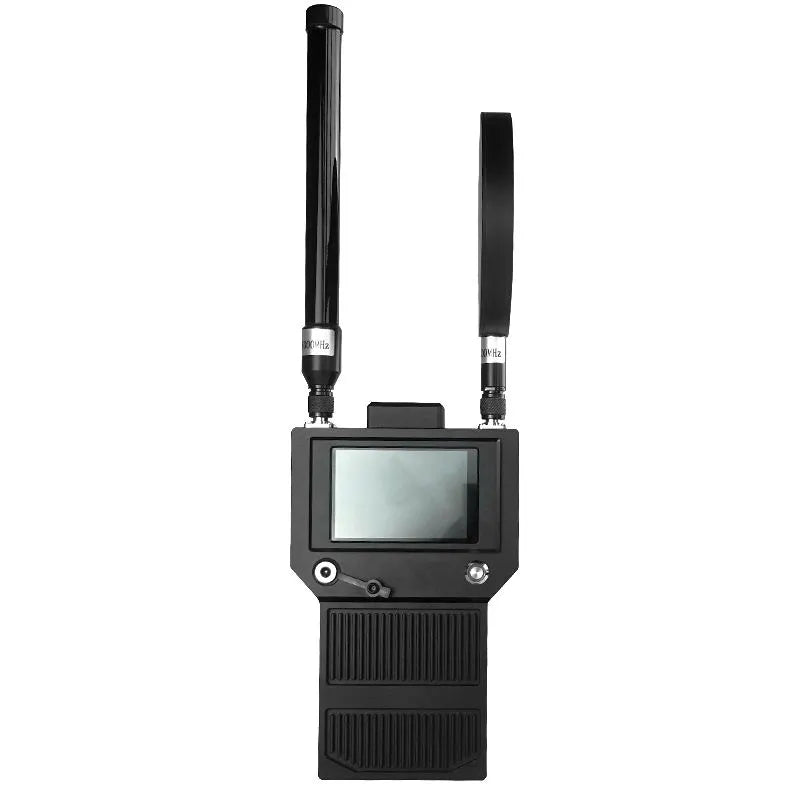 Handheld drone detector with LCD screen and two antennas, portable black device