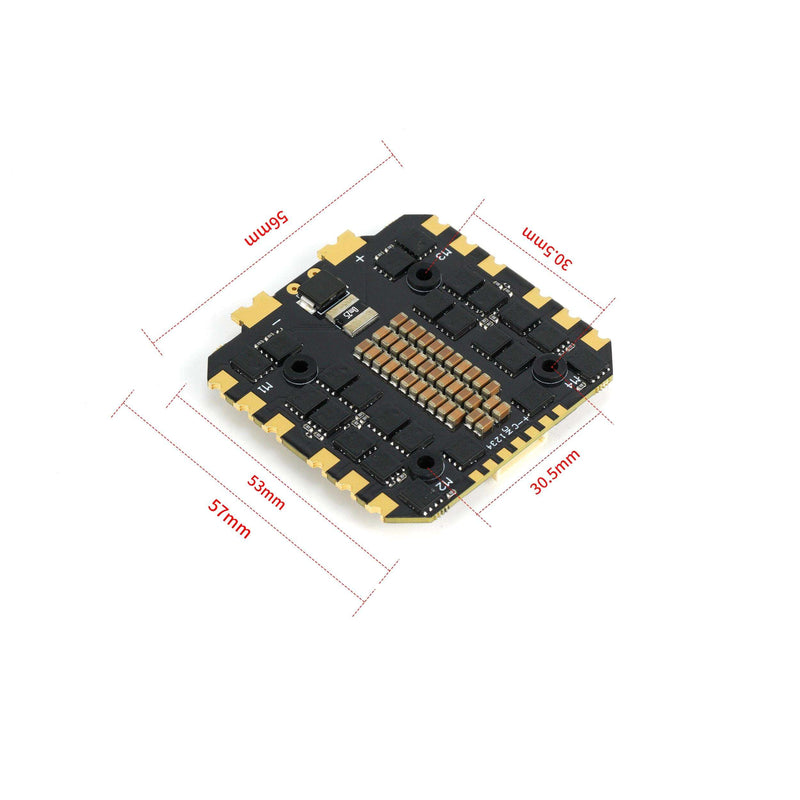 Drone ESC stack PCB with black circuit board and gold electrical pads