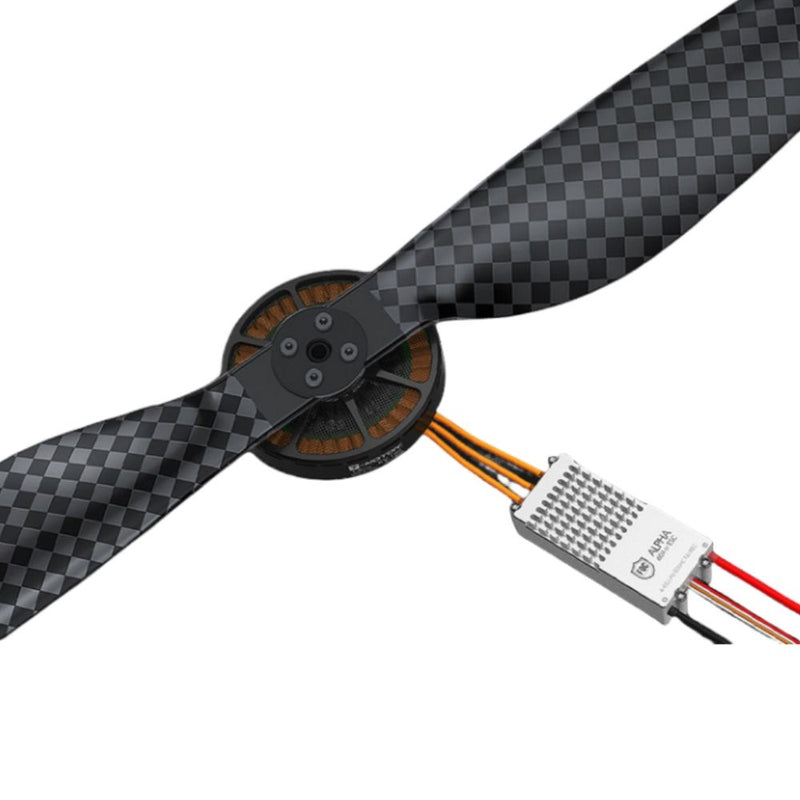 Brushless drone motor with carbon-fiber prop, mounting plate, and wire connector