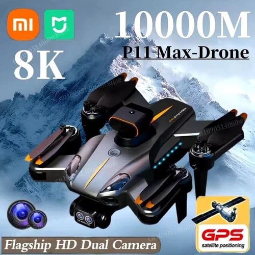 Black quadcopter drone with dual camera gimbal and orange accents