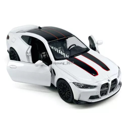 Diecast model car, white coupe with red racing stripes and open door