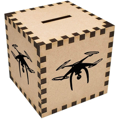 Drone money box piggy bank, tan cube with black drone silhouette graphic