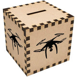 Drone money box piggy bank, tan cube with black drone silhouette graphic