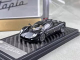 Black carbon fiber sports coupe diecast model with opening hood on display base