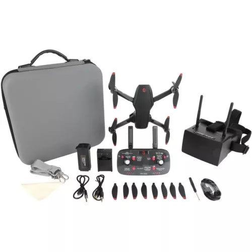 Black racing drone kit with controller, extra props, battery, case, and accessories