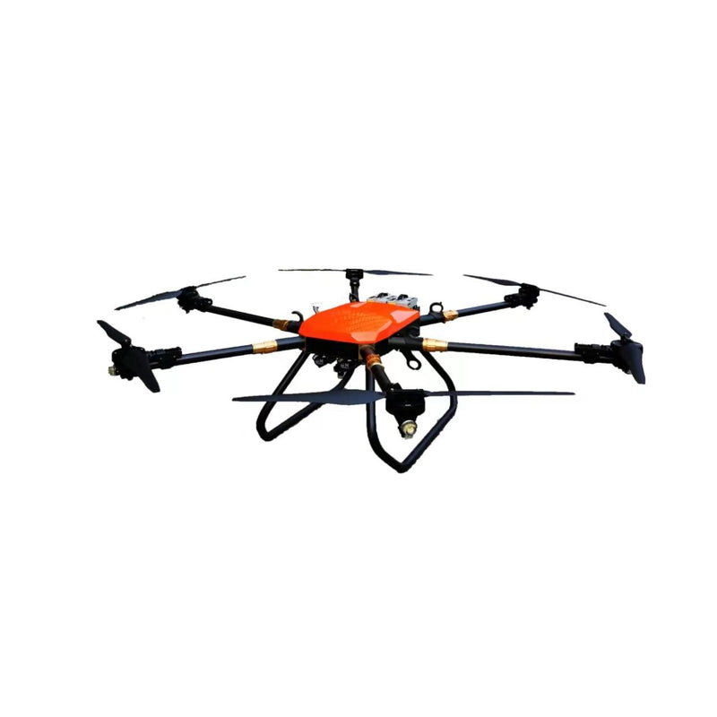 Compact orange self-propelled drone with four black propellers and spray module