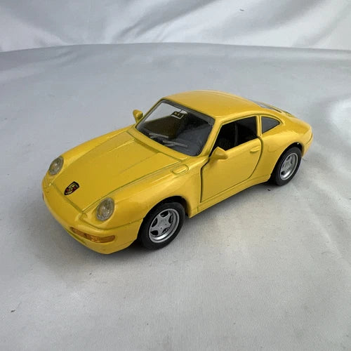 Yellow Porsche 911 diecast model car with black windows and silver wheels