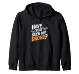 Black zip-up hoodie with colorful drone graphic and drawstring hood