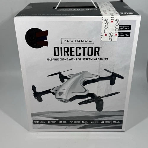 Protocol Director foldable drone retail box with live streaming camera and drone photo