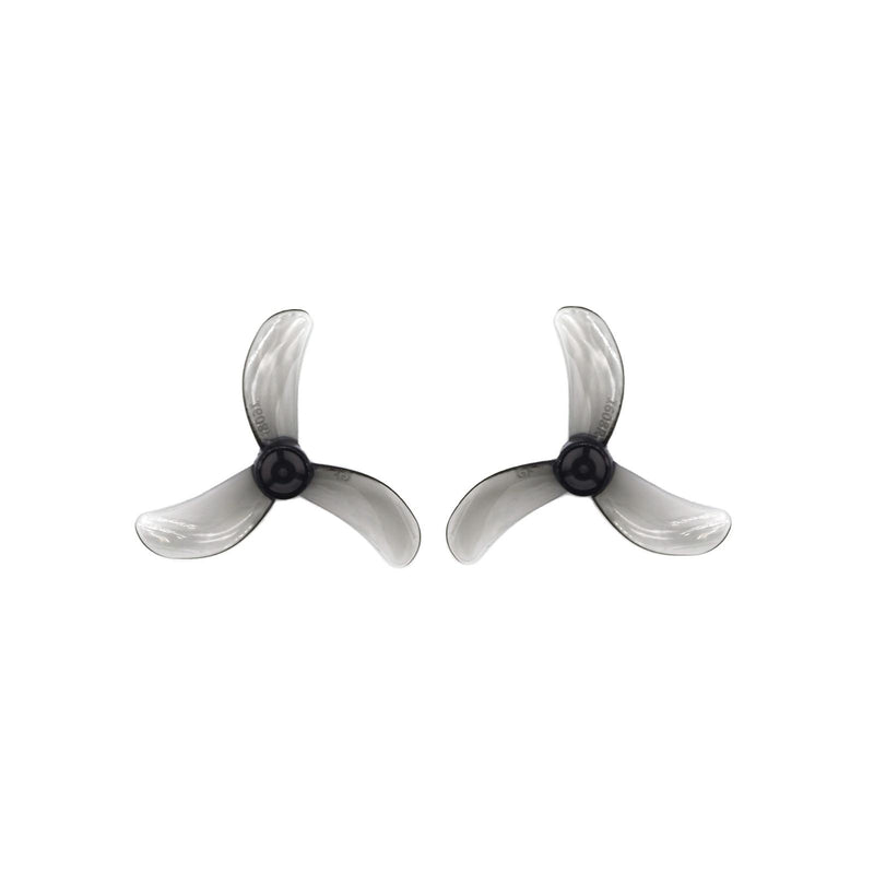 3-blade FPV drone propellers with clear blades and black hubs, pair
