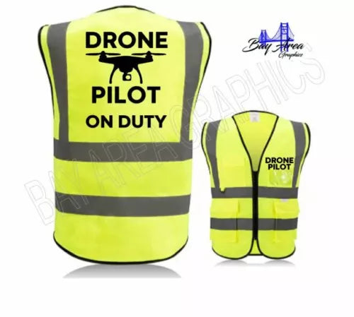 High-visibility safety vest in neon yellow with reflective stripes and front logo text