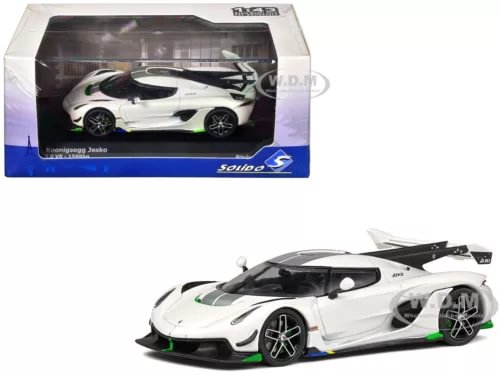 Solido 1:43 diecast model car of Koenigsegg Jesko, pearl white with green accents
