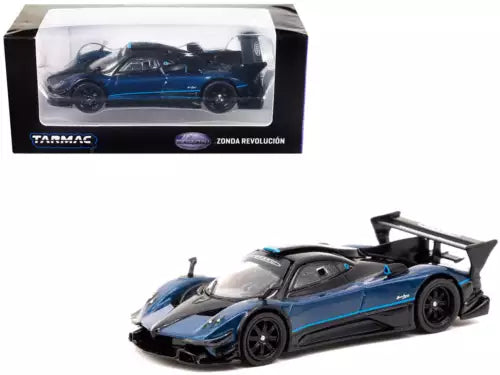 Diecast model sports car in blue and black with one open door