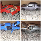 1:24 diecast model cars, red, gray, blue, and silver with open doors