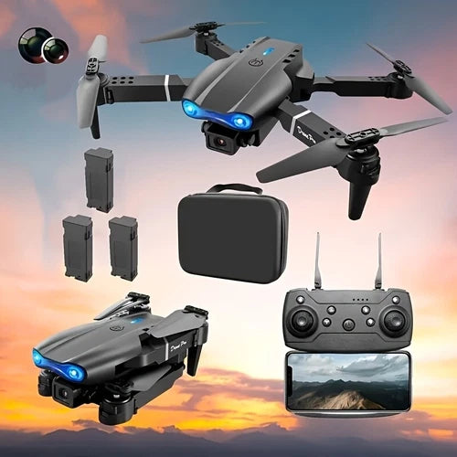 Dual HD Wi‑Fi camera drone kit: gray drone with controller and two spare batteries