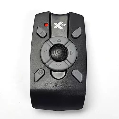 Black drone remote control with X07 logo, red LED, and directional buttons