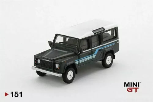 MINI GT 1:64 Land Rover Defender 110 1985 diecast model car, dark green SUV