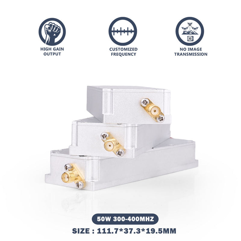 RF power amplifier module with three gold RF connectors in white metal case