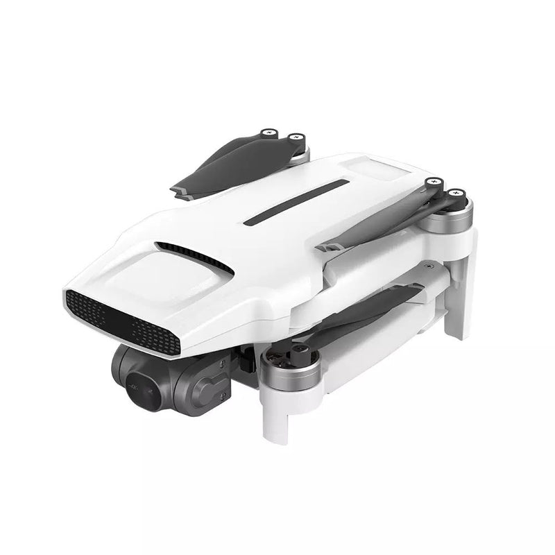 White and gray small remote control drone with front camera and foldable landing legs