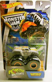Monster Jam die-cast monster truck toy in blister pack, yellow-green and white