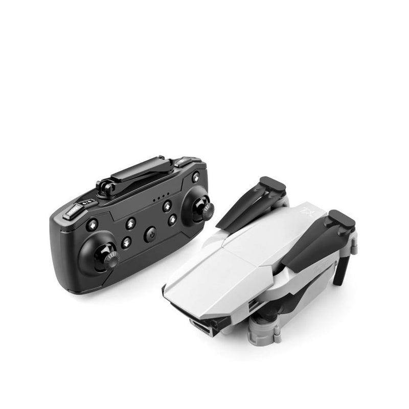 Foldable quadcopter drone with camera, black body and white propeller guards