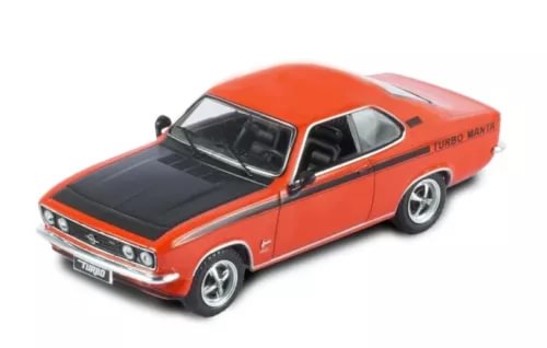 Orange diecast model car with black hood and front grille