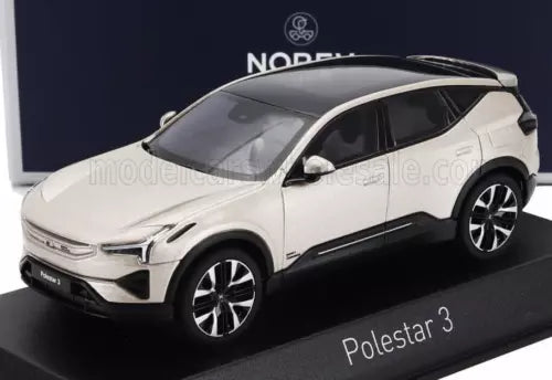 Diecast model car of silver Volvo Polestar 3 on base, front three-quarter view.
