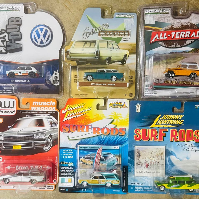 Diecast car blister pack lot with Greenlight and Johnny Lightning, mixed colors