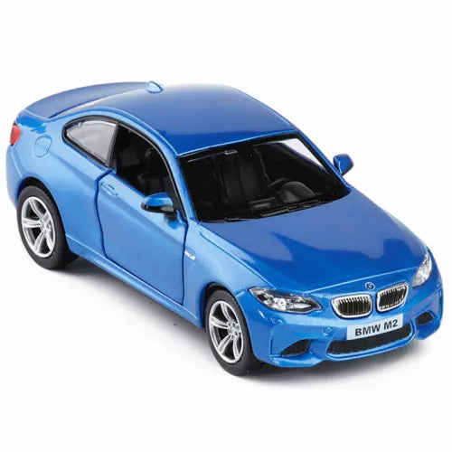 1:36 BMW M2 blue diecast model car toy, front three-quarter view, detailed grille