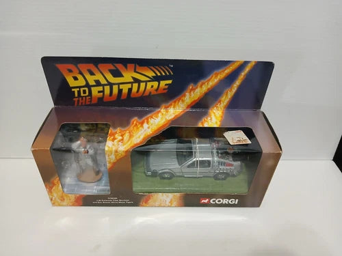 DeLorean time machine diecast toy car in retail box with flame graphics
